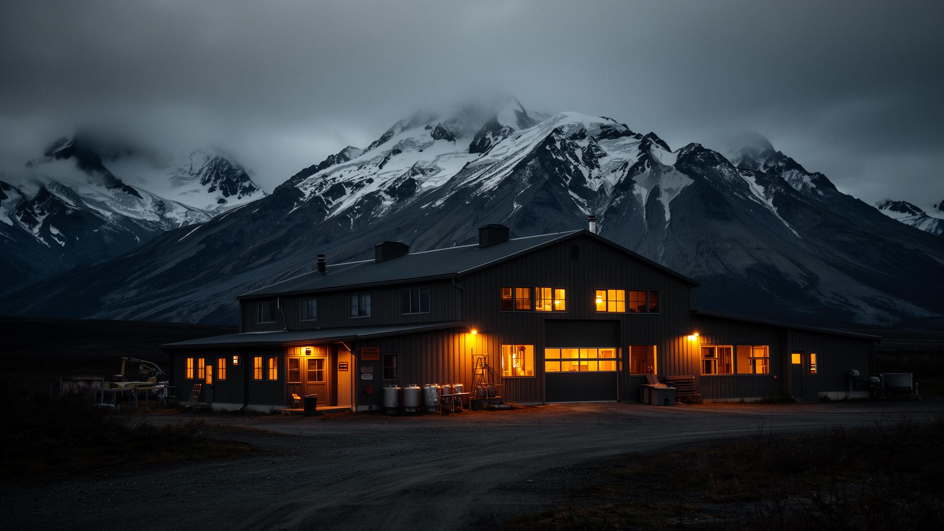Remote Alaskan brewery at twilight with snow capped mountains